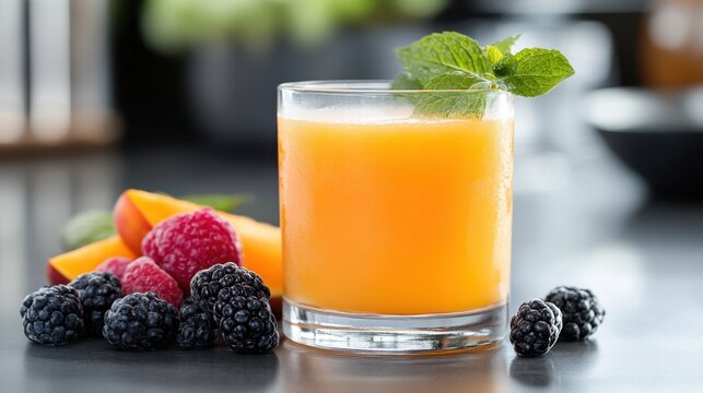 A clear glass holds an enticing blend of berries and orange juice, topped with mint, showcasing a refreshing fusion of flavors in a sharp and vivid style.