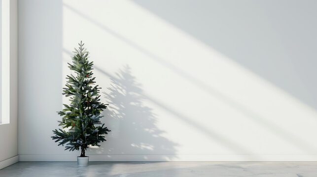 3d rendering christmas tree in white room with window and shadow