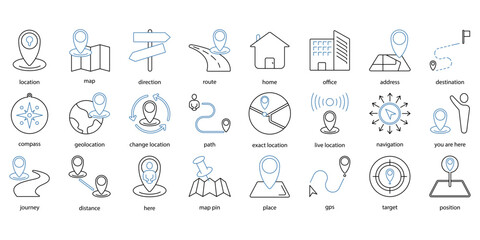 Naklejka premium Location icons set. Set of editable stroke icons.Set of Location