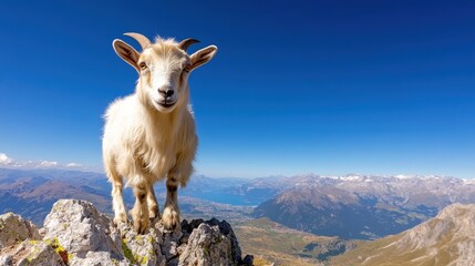 Naklejka premium A fluffy goat gazes over expansive mountain ranges under a wide blue sky, with breathtaking views of valleys and distant peaks, reflecting solitude and strength.