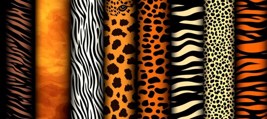 A collection of seamless wild safari animal patterns featuring modern leopard, cheetah, tiger, giraffe, zebra, and snake skin textures ideal for fashion print design, fabric, textile, wrapping paper,