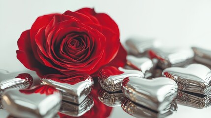 Red rose with silver heart decorations.