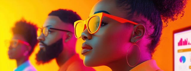 Obraz premium A woman wearing orange glasses is looking at a screen