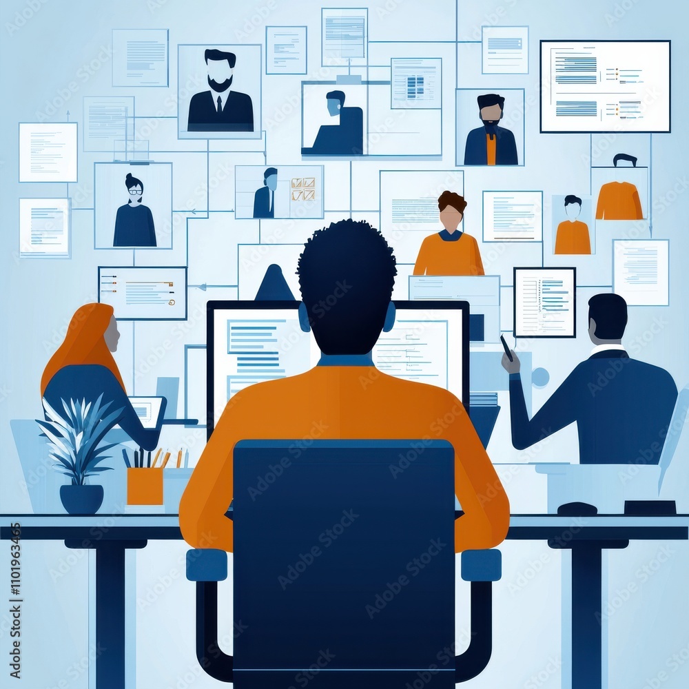 Poster a man is sitting at a desk with a computer monitor and a keyboard