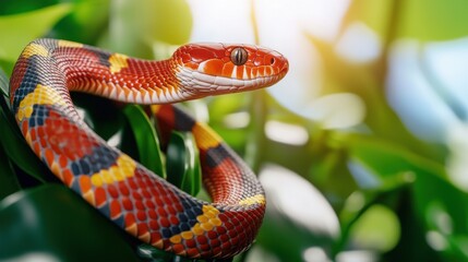 Fototapeta premium animals reptiles migration Concept. A vibrant, colorful snake resting on green leaves, showcasing its striking red, yellow, and black patterns in a natural setting.