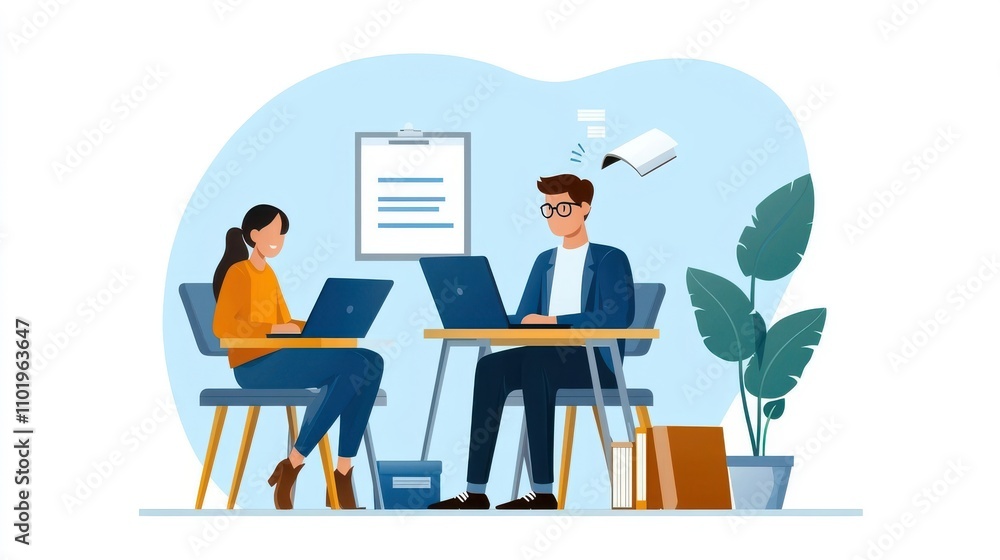Poster focused business team collaborating on laptops in modern office environment with charts and graphs d