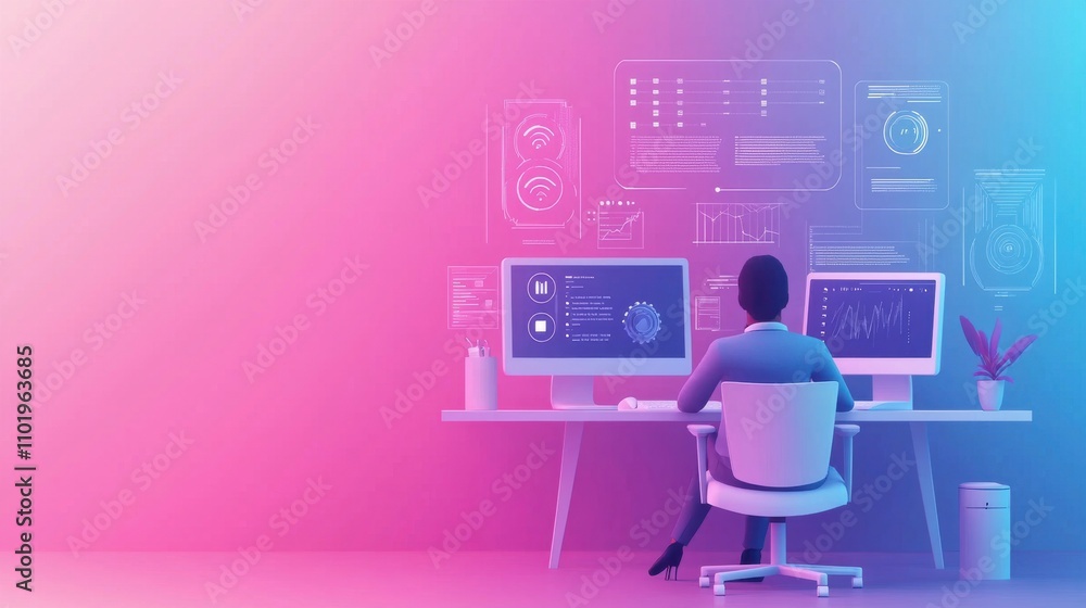 Poster a man is sitting at a desk with two computer monitors