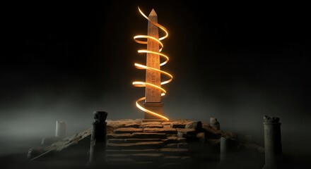 Obraz premium Mysterious ancient sword wrapped in glowing runes amidst fog