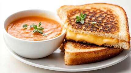 A rich grilled cheese sandwich marked by its melting center and crispy exterior, effortlessly paired with warm tomato soup, topped with a fresh herb accent.