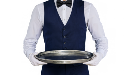 Confident waiter in formal attire holding silver tray against transparent background, ready to serve with white gloves on hand.