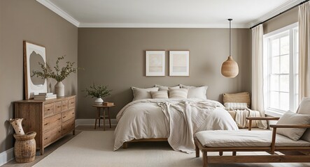 Bedrooms with a relaxed neutral color palette comfortable bedding and simple wooden furniture