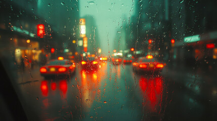 Fototapeta premium Rainy night cityscape view through car window with blurry lights and reflections