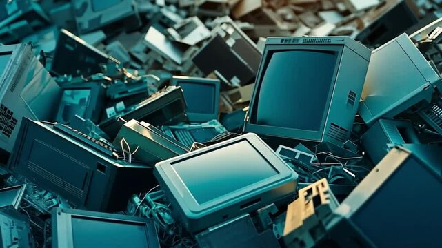 A chaotic stack of old computer monitors symbolizing electronic waste and its environmental impact. Concept of technology disposal and sustainability challenges.