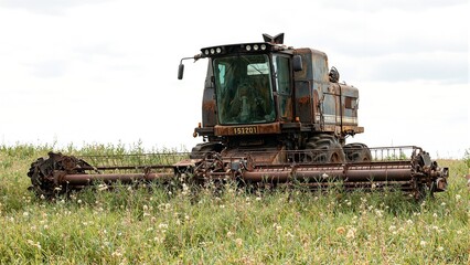 Fototapeta premium Rusty combine harvester in overgrown field with broken windows and wildflowers