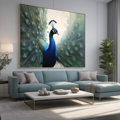 Minimalist peacock painting with abstract feathers