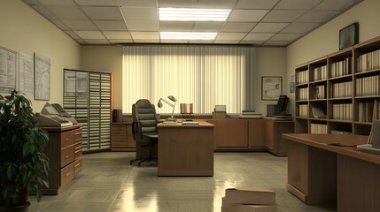 Obraz premium Spacious, well-lit office with wooden furniture, bookshelves, desk, chair, and window.