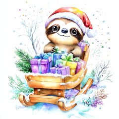 Cute sloth in a Santa hat, sitting in a sleigh filled with colorful gifts, snowy background.