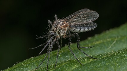 Fototapeta premium Detailed close up of a mosquito on a leaf showcasing its delicate features and intricate wings