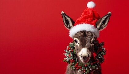 Adorable baby donkey adorned with a festive Christmas wreath exuding holiday cheer, embodying the essence of cute animals in Christmas spirit.