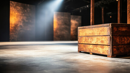 Rustic wooden chest in a spotlighted industrial setting, highlighting texture and atmosphere for creative projects.