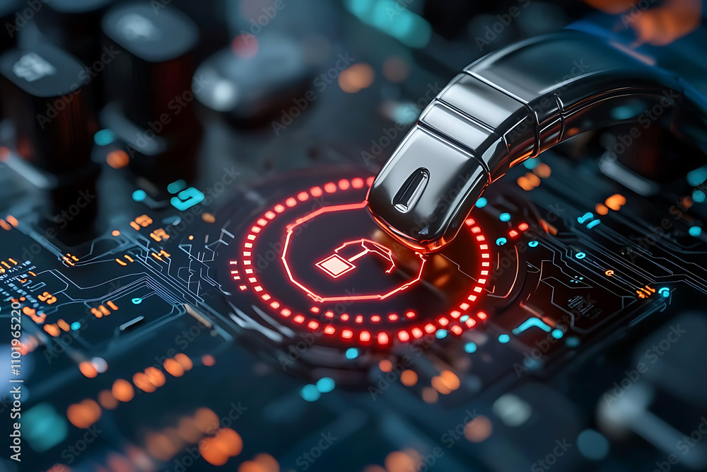 Poster ai security breach protocol activation cybersecurity lab digital alert system futuristic environment