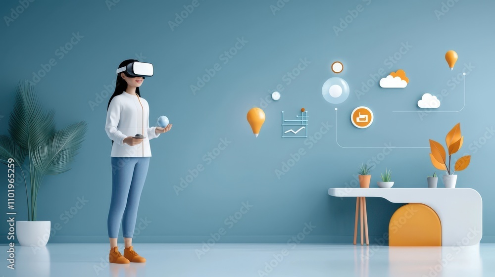Poster a person wearing a virtual reality headset in a modern minimalist office environment with digital ic