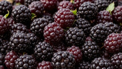 Ripe blackberries with glossy sheen and green leaves