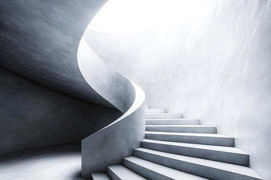 Winding gray staircase symbolizes life's complexity, blending choices and experiences beyond black and white. Its curves embody uncertainty and growth, making it an inspiring, reflective background.