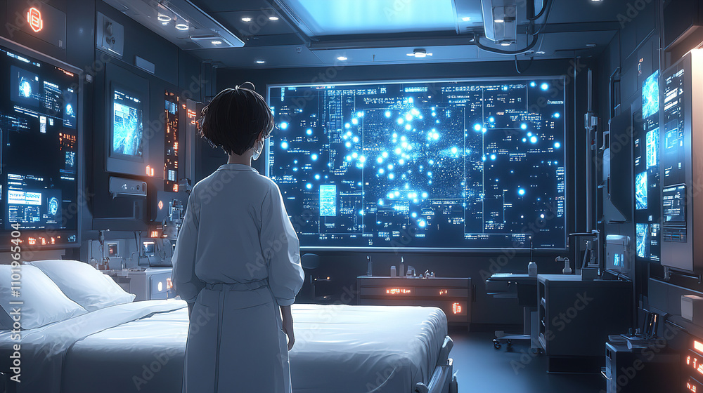 Poster exploring a futuristic control room with advanced technology and a young individual observing data d