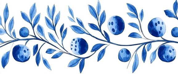 Botanical abstraction on a contemporary backdrop. Wall art with blue leaves and branches, displayed in a watercolor style. Ideal spring leaf illustration for fabric, prints, and design covers.