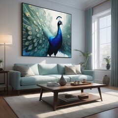 Minimalist peacock painting with abstract feathers