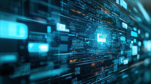 A computer screen with a blue background and orange and blue lines