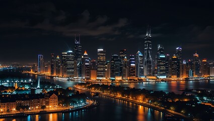 Fototapeta premium Night View of Shanghai Skyline with Illuminated Buildings and River
