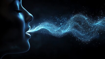 Fototapeta premium A serene profile exhaling ethereal blue mist against a dark backdrop, evoking tranquility and introspection.