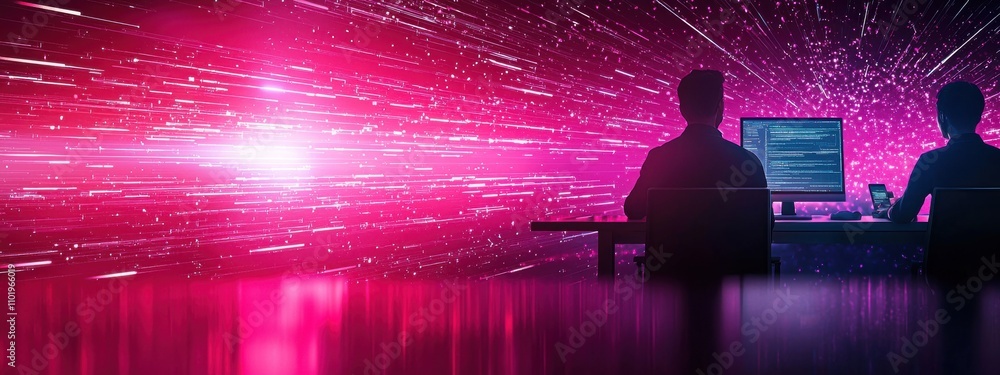 Poster two people are sitting at a desk with a computer monitor in front of them