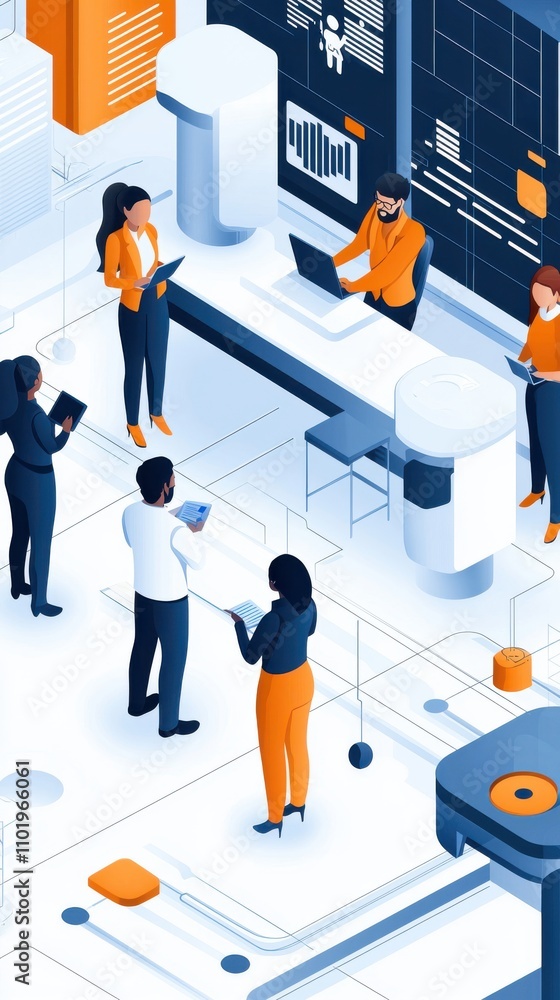 Poster a group of people are standing in a room with a computer monitor