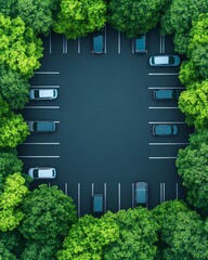 Aerial view of a parking lot surrounded by lush green trees, showcasing tranquility in urban development.