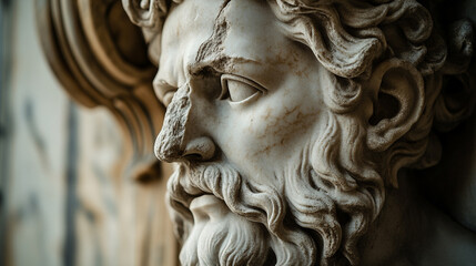 Naklejka premium Detailed close-up of a classical marble sculpture depicting a bearded figure