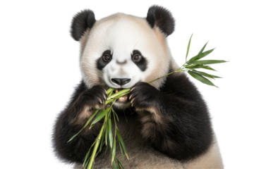 A playful panda eating bamboo, showcasing its adorable features in a vibrant setting. transparent background.
