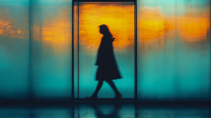 Silhouette of woman walking in front of vibrant sunset background indoors