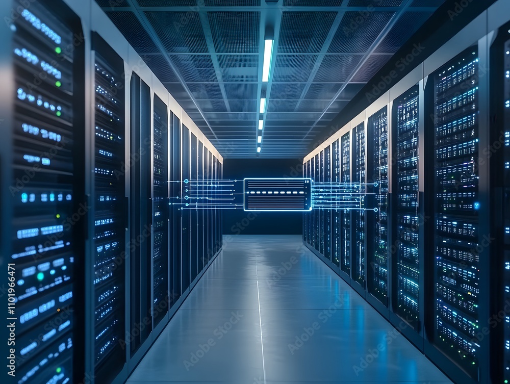Poster a modern data center with rows of servers and digital connections.