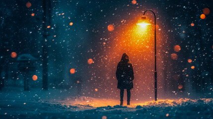Obraz premium Solitary figure in snowy street under warm glowing streetlamp at night