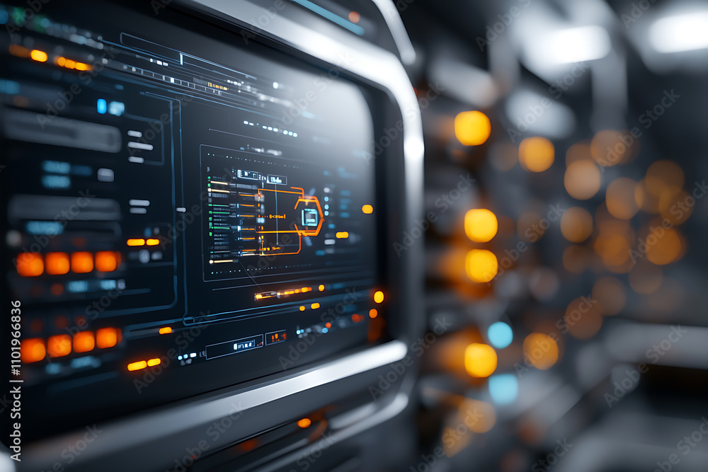 Poster cybersecurity action aidriven firewall breach holographic warning display in high-tech environment