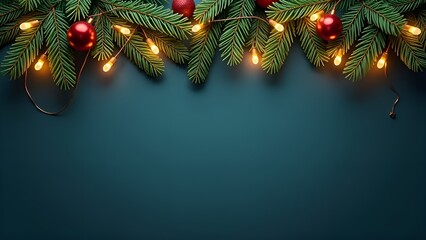 Decorated Christmas tree twigs with garlands and balls on a dark blue background