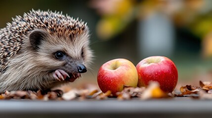 Fototapeta premium A charming hedgehog examines two vibrant red apples amidst fallen colorful leaves. The scene embodies the beauty and curiosity of nature during autumn's embrace.
