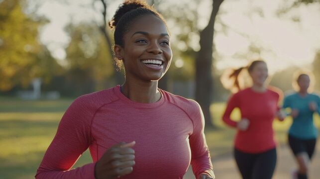 person exercising in park, A black lady jogging with friends in a community park, all sharing laughter and motivation. 