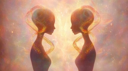 Abstract silhouettes facing each other with glowing light.