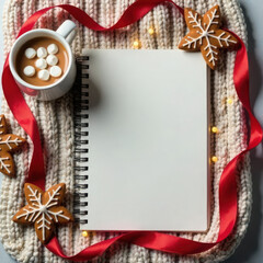 Cozy winter scene with notebook, hot chocolate, gingerbread, and red ribbon on knitted blanket
