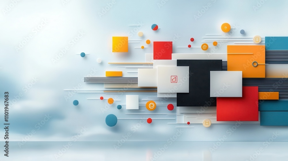 Poster vibrant abstract geometric composition with a dynamic arrangement of colorful shapes forms and minim