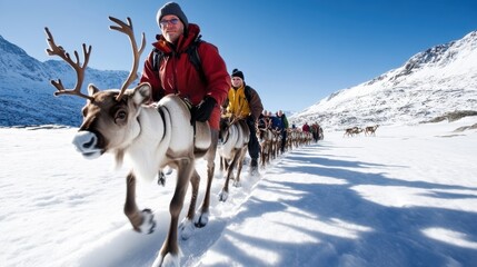 A team of enthusiastic people wearing winter gear ride on reindeer across a pristine snow-covered landscape, celebrating exploration and unique travel adventures.